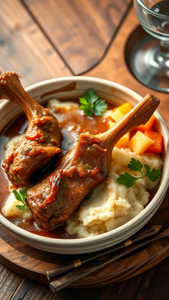 Tender pork neck bones in gravy served with mashed potatoes and vegetables on a rustic table.